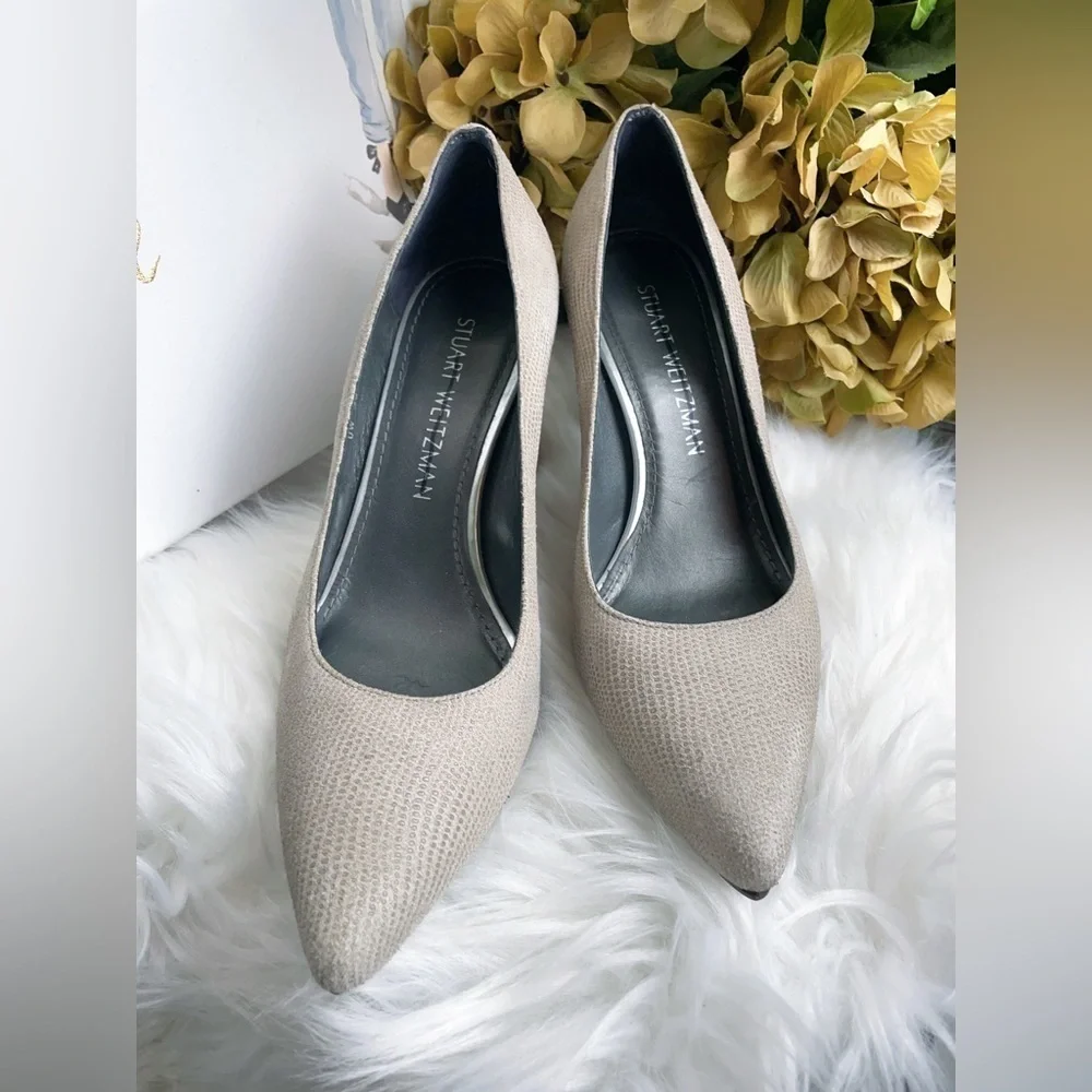Stuart Weitzman Casual Beige Textured Block Heel Pumps Pointed Toe Women's Shoes